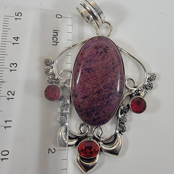 Ruby Zoisite Pendant – With Red Garnet Accents + 20" Sterling Silver Chain - Picture 2 of 10